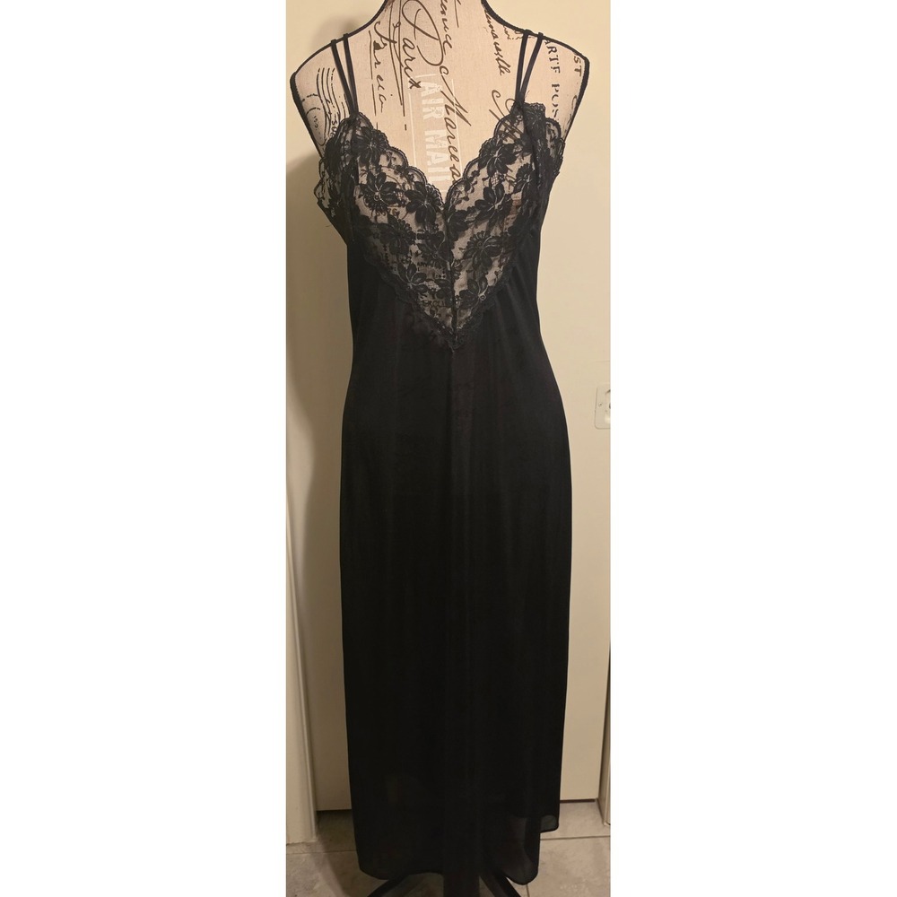 Vintage Union Made Black Lace Bodice Nightgown Maxi Slip Dress Sheer Nylon Large